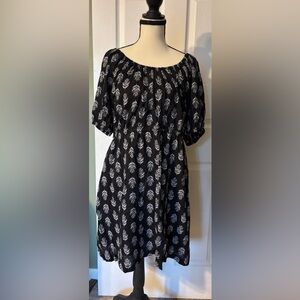 Old Navy Black & White Leaf Print Off-Shoulder Mini Dress | Puff Sleeve | XL
